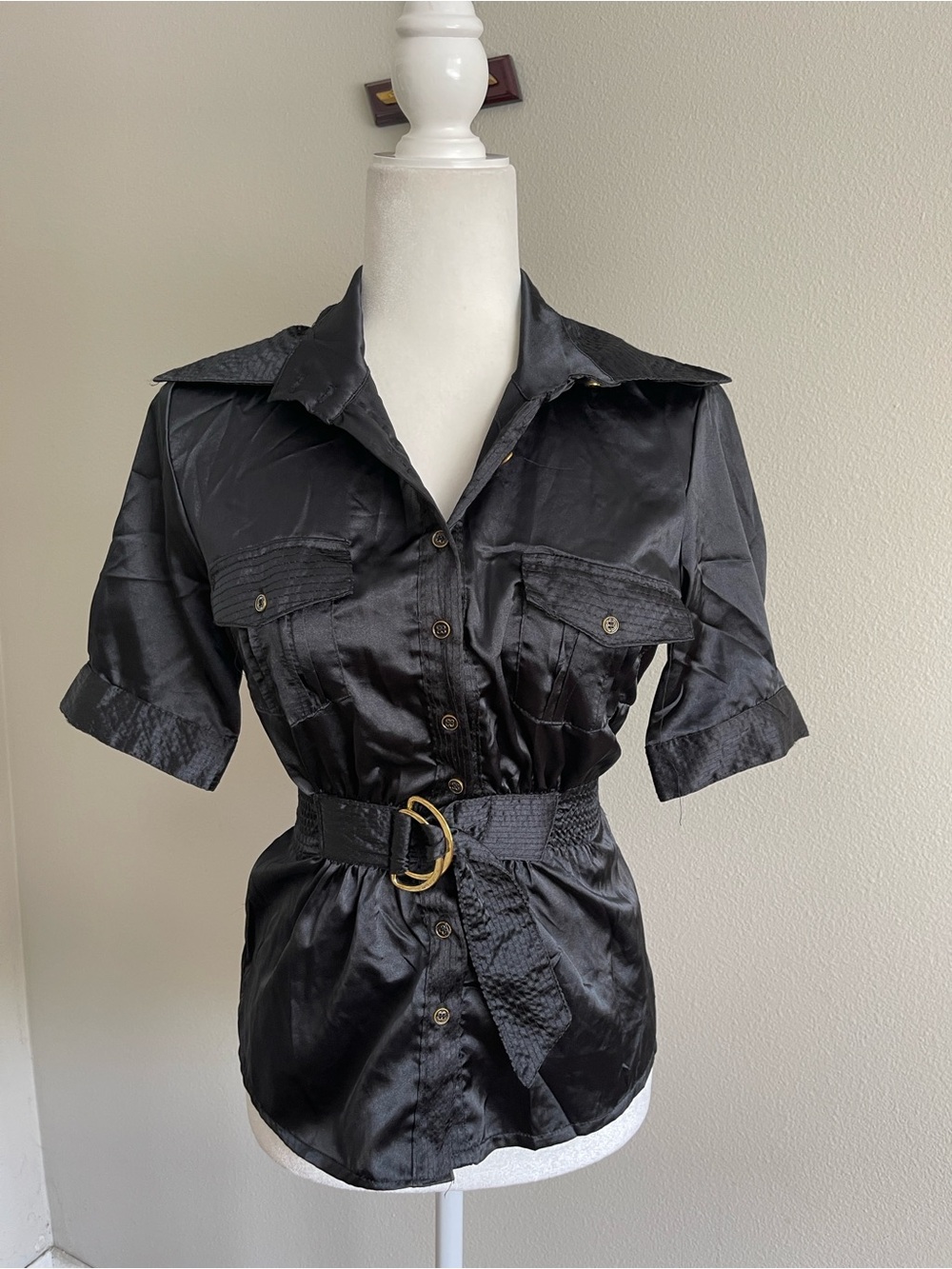 Max Rave Black Satin Short-Sleeve Belted Button-Down Shirt